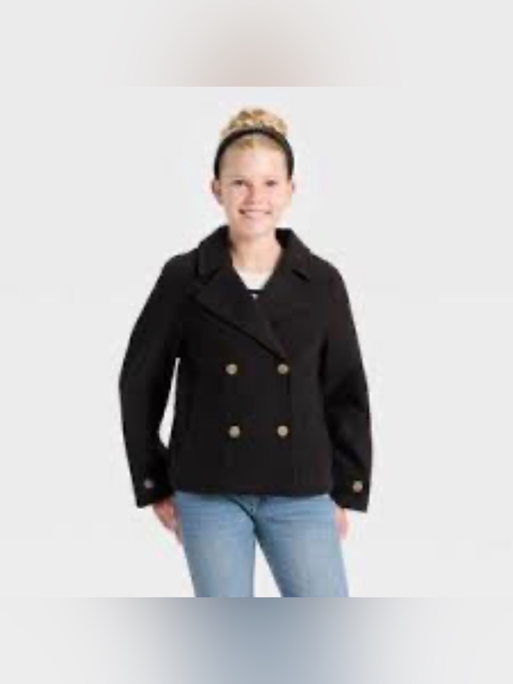 Girls' Black Double-Breasted Peacoat Jacket Size M (8)
